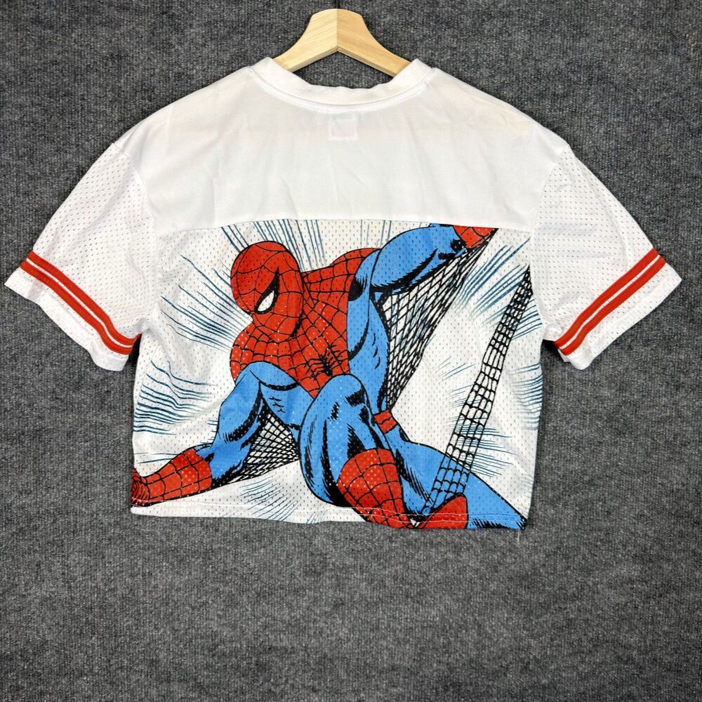 Spider-Man Marvel Comics Womens Mesh Crop Top Jersey Size S White Graphic Tee